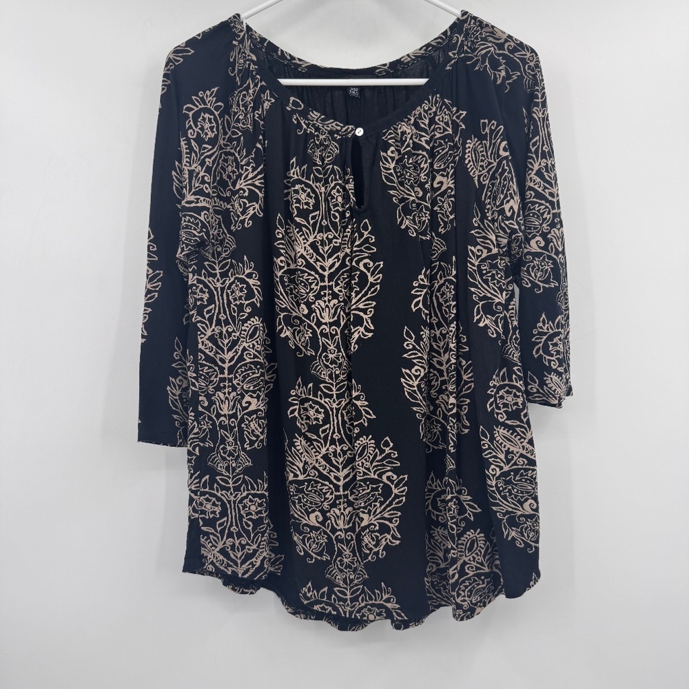 Lucky Brand Top Women 1X Black Beige 3/4 Sleeve Boho Aztec Western Keyhole Front